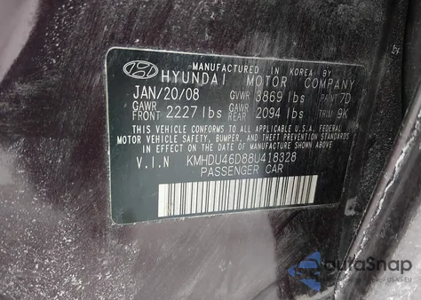 2008 Hyundai Elantra Gls/Se z USA, uszkodzony, nr VIN KMHDU46D88U418328